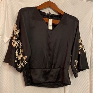NY&CO Black Silky Embroidered Flower Black Blouse with fitted bottom 16 in waist